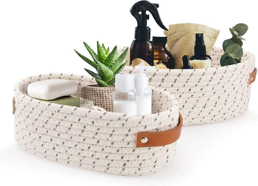 Geweven Manden set 2-delige Katoenen Touw Mandenset Opvouwbare Opbergmand met Handgrepen voor Kasten Ladekast Plank Dressoir Beige Groot en Klein