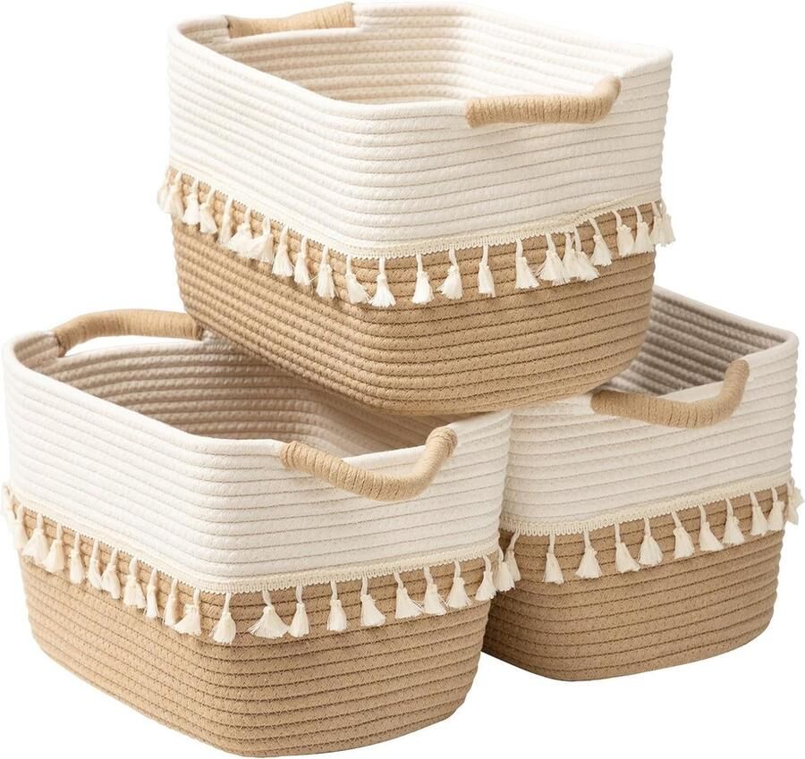 Geweven opbergmand set van 3 mand van katoenen touw voor opslag opbergmand voor kleding voor organiseren en opslag opbergmand van stof voor woonkamer wit en jute