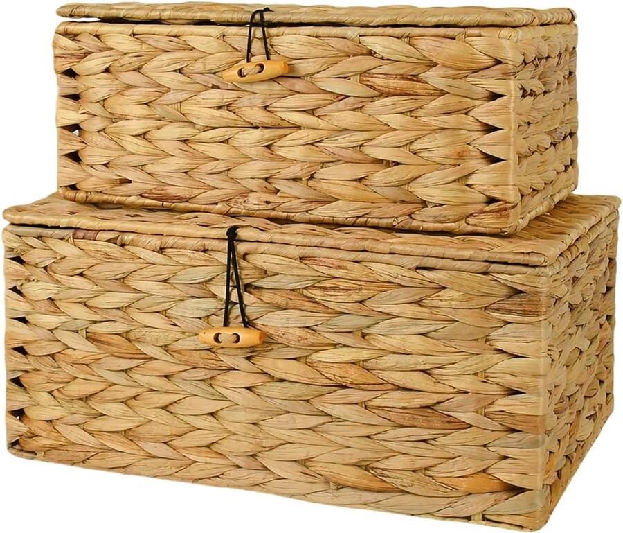 Geweven Opbergmand voor Bureau of Plank Waterhyacint Rechthoekig met Deksel en Vakken voor Snacks