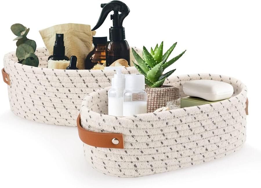 Geweven Opbergmanden Set 2-delige Katoenen Touwmanden Opvouwbare Handgrepen voor Kasten en Planken Beige