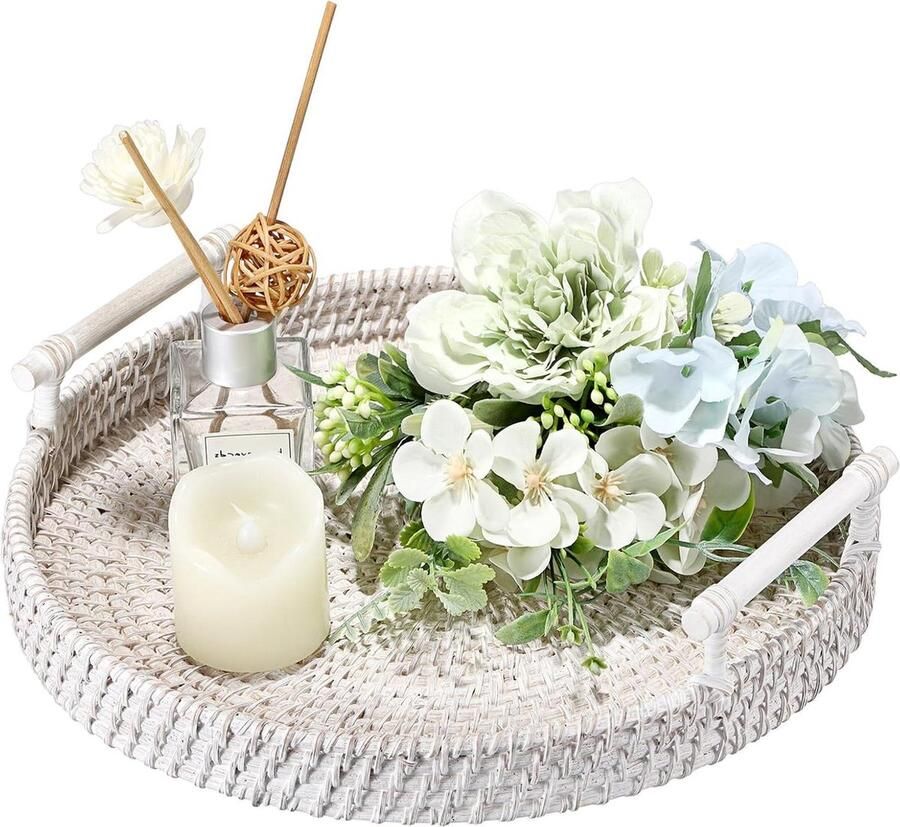 Geweven rotan dienblad decoratieve display lade gasthanddoek lade opslag schalen met handvat tafel desktop organizer lade voor koffie drank ontbijt thee kaars natuurlijke look