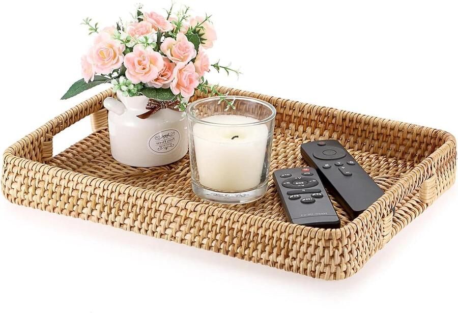 Geweven Rotan Decoratieve Dienblad Mand met Handvatten Salontafel Bureau Woonkamer