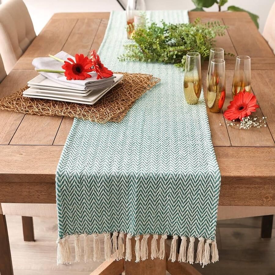 Geweven Tafelloper Chevron Turkoois Katoen 15x72