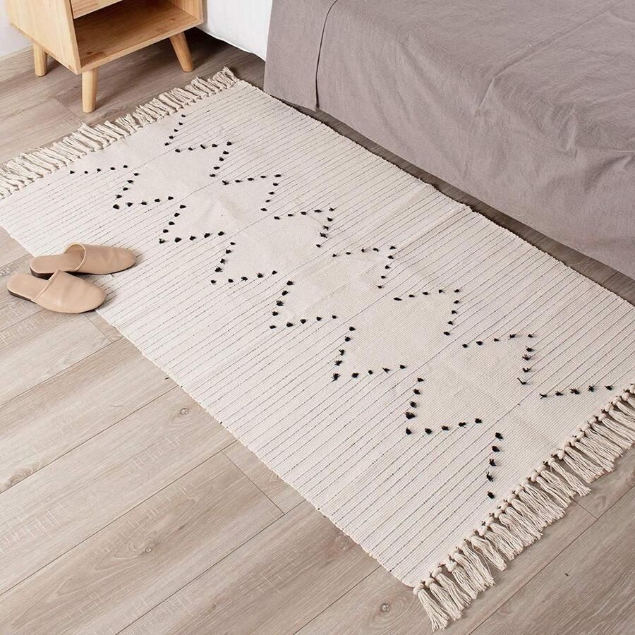 Zacht geweven tapijt met kwastjes voor slaapkamer woonkamer hal keuken wasbaar 70x160cm Beige