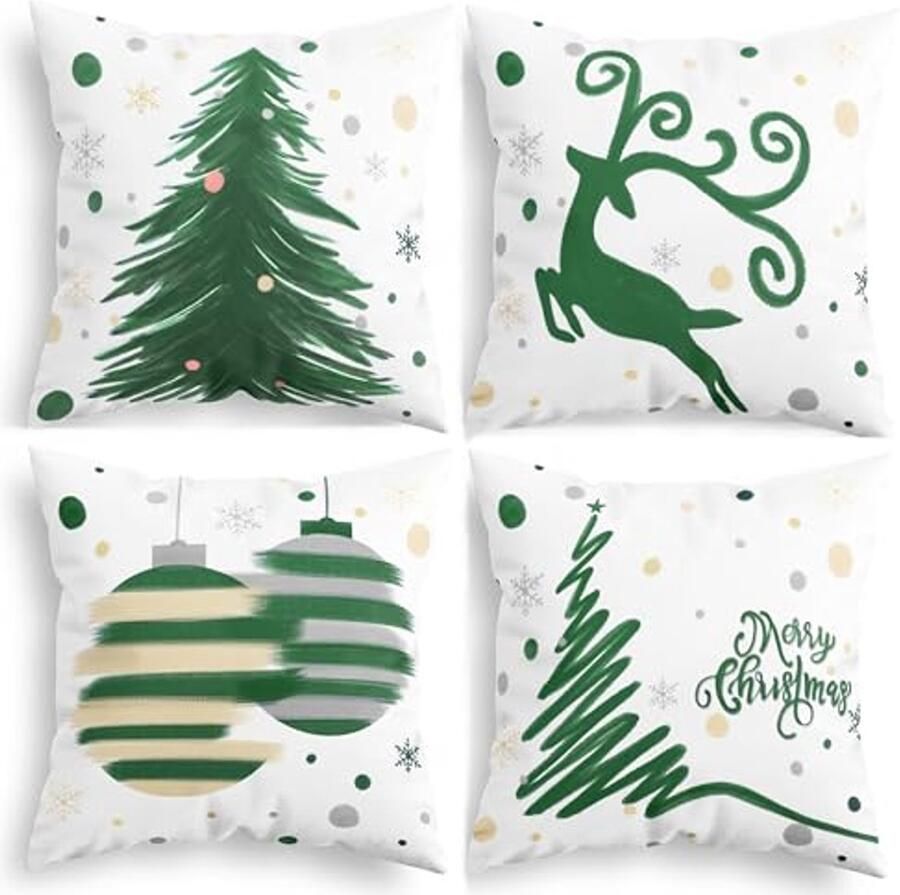 Gezellige Kerst Kussenhoezen Set van 4 Fleece Kussenslopen met Herten en Sneeuwvlokken voor Bank en Bed
