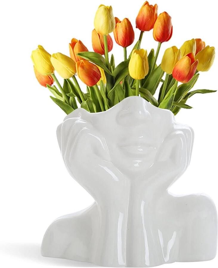 JGS Premium Moderne gezicht vaas bloemenvaas keramische lichaamsvaas vrouwelijke vorm decoratie voor plank of boekenkast