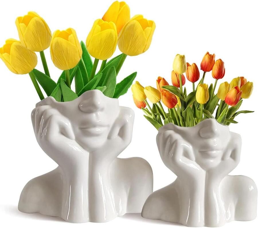 JGS Premium Gezichtsvaas Set van 2 Keramische Bloemenvazen voor Vrouwelijke Vorm Ideale Plankdecoratie Moderne Boerderijtafel Decoratie Kleine Leuke Vaas voor Boekenkast