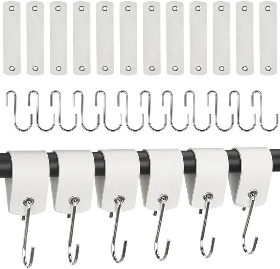 GGXZHT S haken met leren lus 12 stuks jashaken garderobehaken metalen haken om op te hangen voor garderobe keukenkledingrek badkamer camping. (wit)