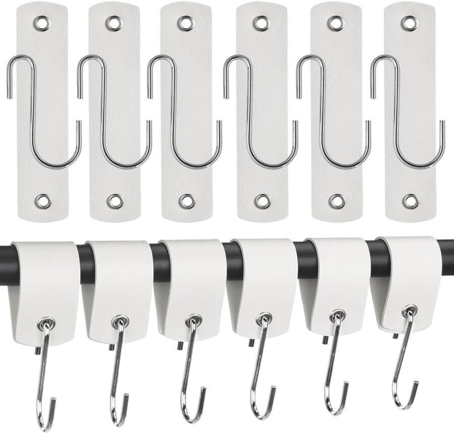GGXZHT S haken met leren lus 6 stuks jashaken garderobehaken metalen haken om op te hangen voor garderobe keukenkledingrek badkamer camping. (wit)