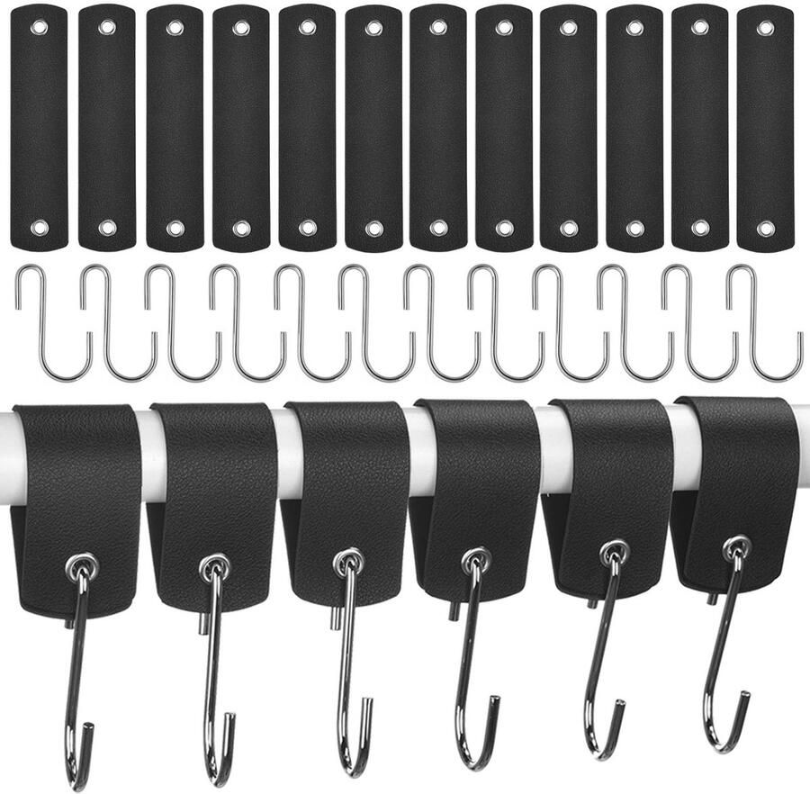 GGXZHT S haken zwart met leren lus 12 stuks jashaken garderobehaken haken om op te hangen metaal voor garderobe keuken kledingroede badkamer camping