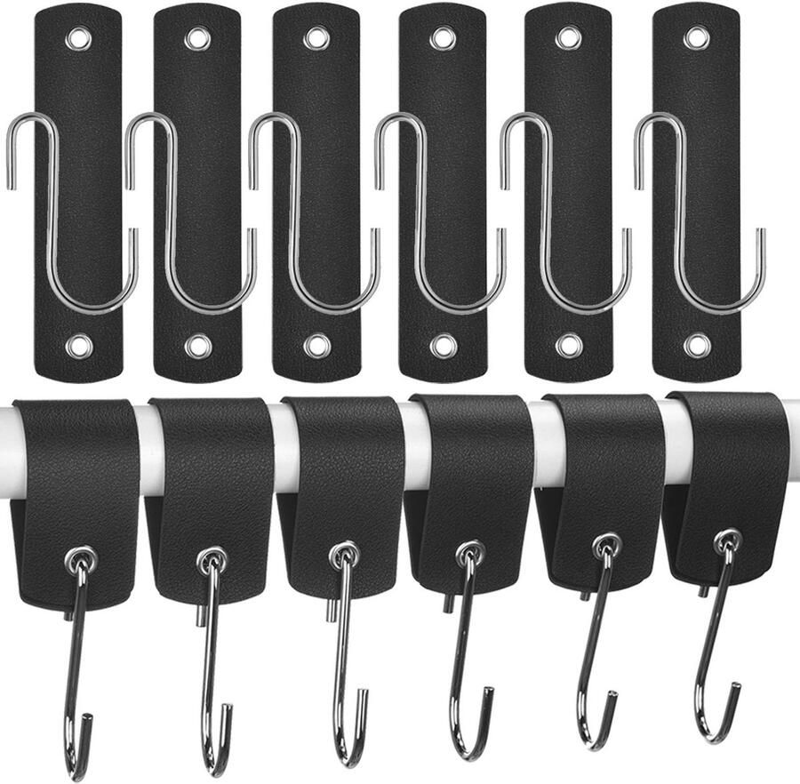 GGXZHT S haken zwart met leren lus 6 stuks jashaken garderobehaken haken om op te hangen metaal voor garderobe keuken kledingroede badkamer camping