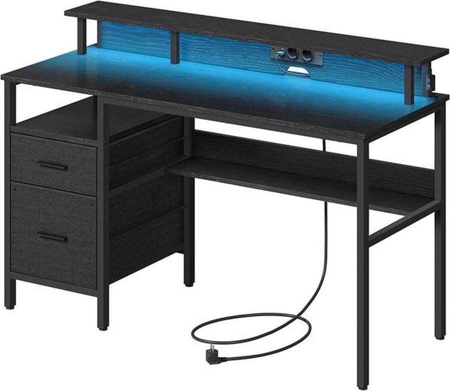 Signature Home Ghana Bureau met LED-verlichting Bureau met lades Bureau met monitorstandaard ingebouwde stopcontacten 2 USB-poorten zwart 55 x 120 x 90 cm