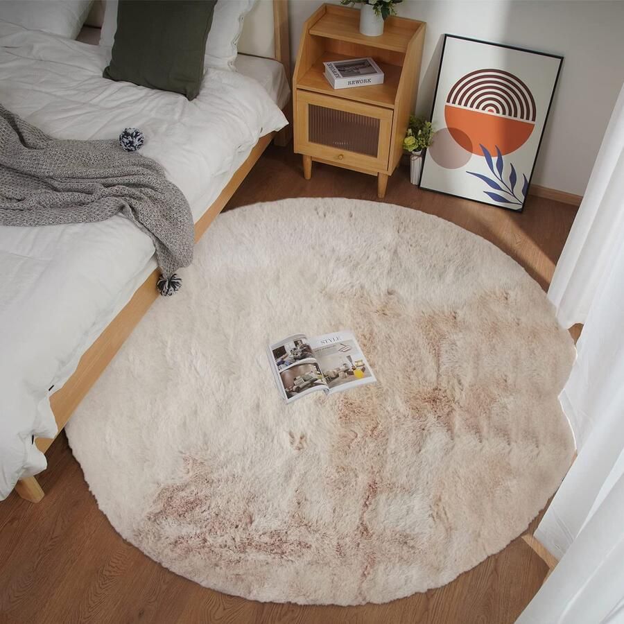 Ghouse Rond Tapijt 180x180 cm Beige Fluffy Soft Woonkamer Slaapkamer Decoratie Antislip Kortpolig Tapijt Wasbaar Tapijt