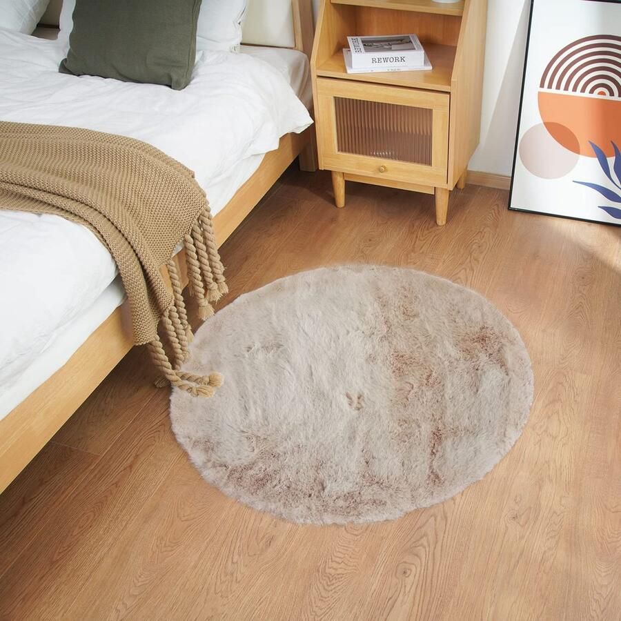 Ghouse Tapijt Rond 90x90 cm Beige Fluffy Soft Woonkamer Slaapkamer Decoratie Antislip Kortpolig Tapijt Wasbaar Tapijt