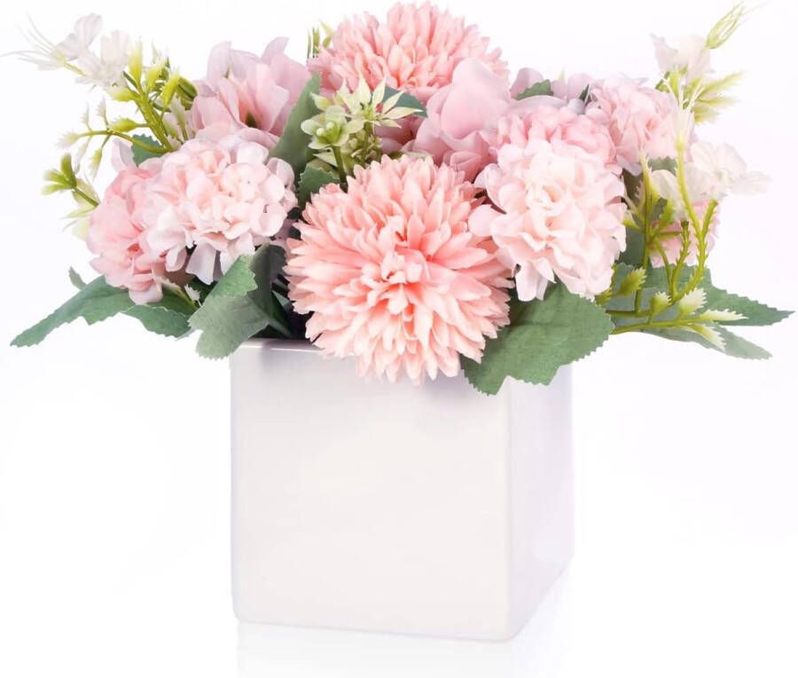 Gioyonil Kunstbloemen in een vaas kunstroos hortensia bloemen met keramische vaas voor eettafel decoratie thuis kantoor feest bruiloft
