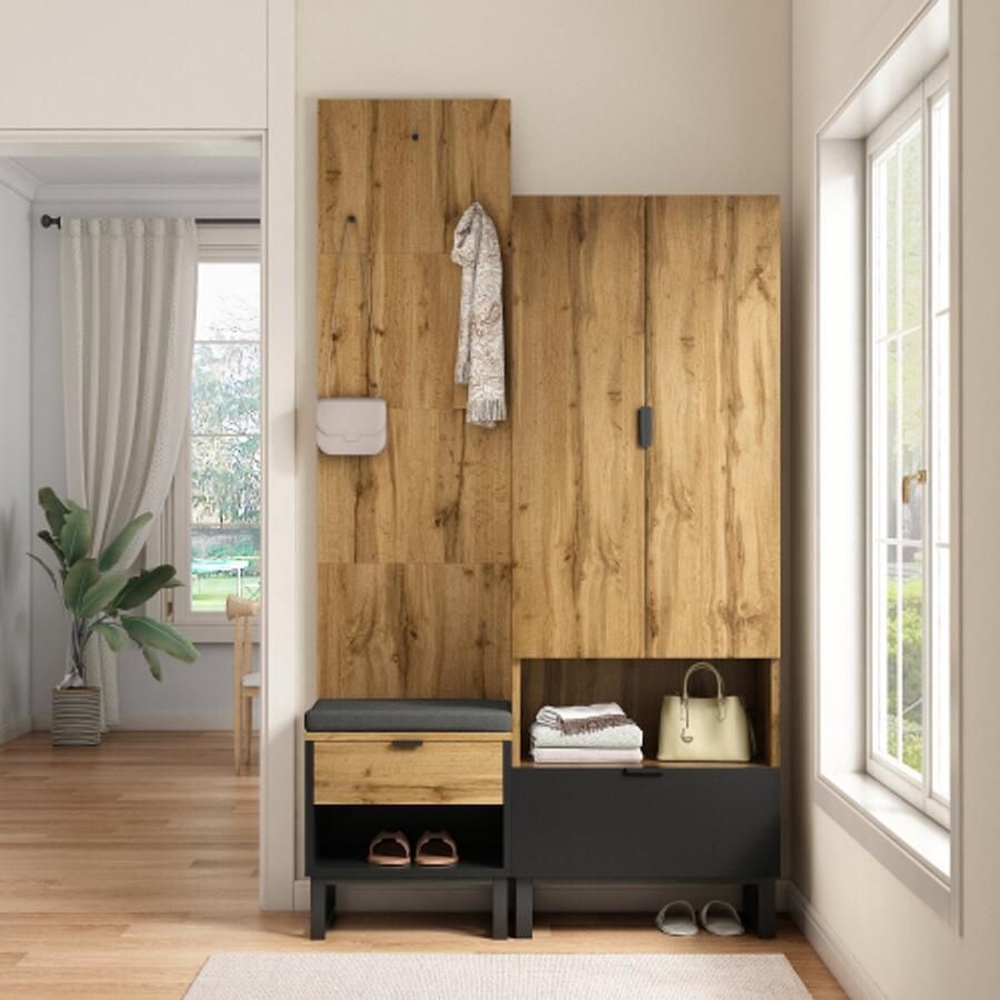 Glakroomset met schoenbank en kussen hangende accessoires aan de voorkant laden en verstelbare planken