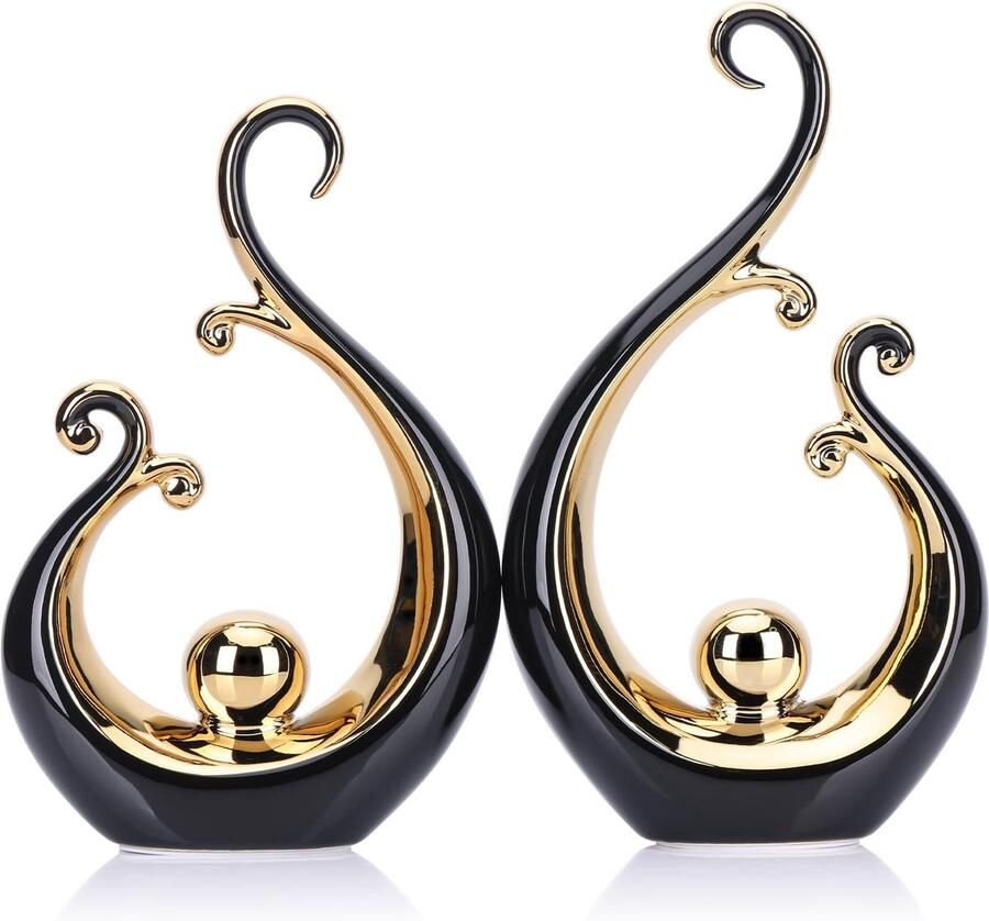 Glanzend zwart en goud keramisch beeld moderne abstracte kunst luxe middelpunt – zwarte en gouden planken boekenplanken en eettafeldecoraties veelzijdige salontafel tv-standaard