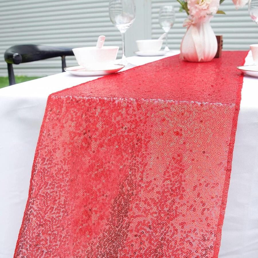 Tafelloper Glitter Pailletten Tafeldecoratie Bruiloft Verjaardag 4 Stuks Rood Stof 30 5 x 278 cm