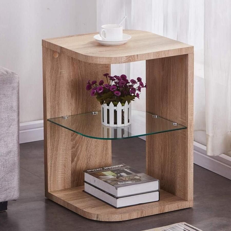 Houten Bijzettafel Eindtafel met Opslag Glas Lamp Sofa Nachtkastje voor Woonkamer Kleine Salontafel Eiken Afwerking