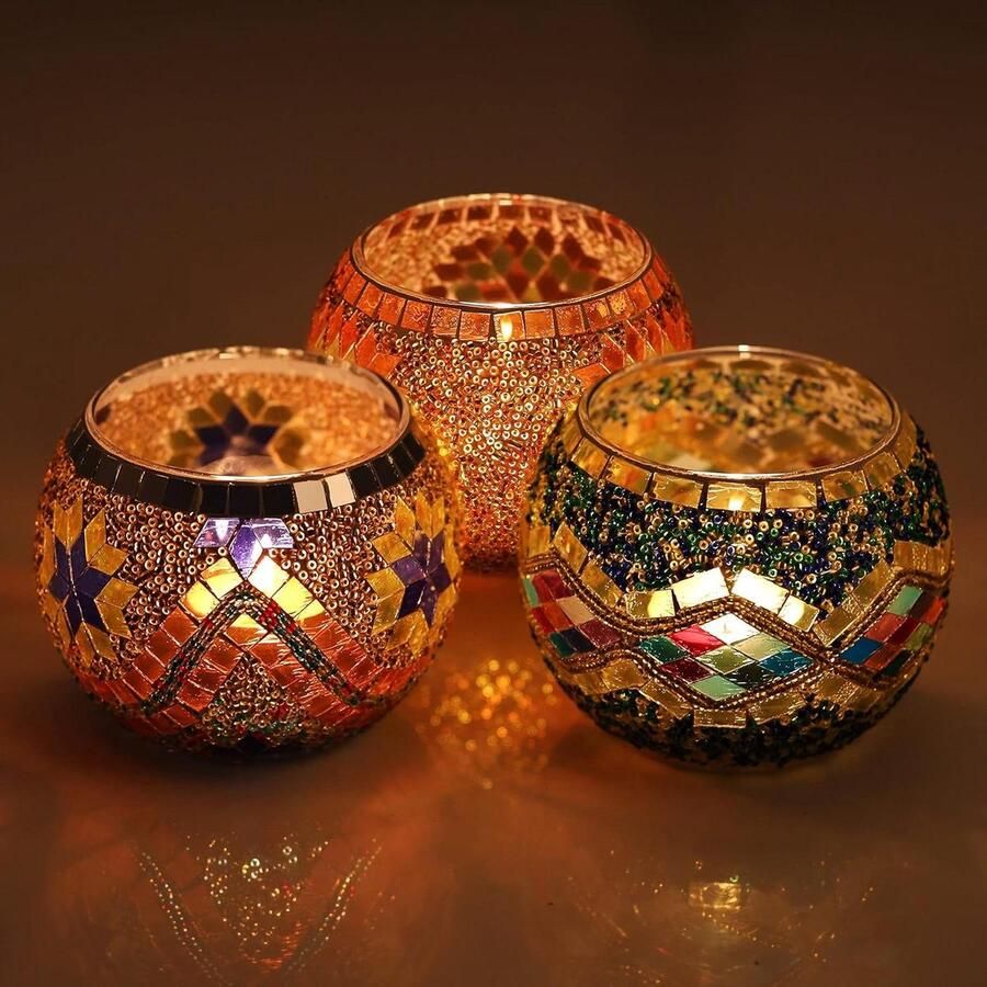 Glas in Lood Votief Theelichten & Kandelaar Set (3 stuks) Mozaïek Ronde Kopstukken Decoratieve Tafel Ornamenten Voor Huis Bruiloft en Aromatherapie 10 2 x 7 8 cm