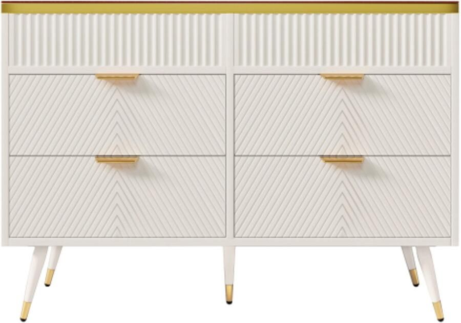 Glas Ladekast 120x40x76cm Sideboard Wit Met 6 Lades En Vakkenindeling Inclusief Kipbeveiliging Hoge Kast Voor Slaapkamer En Woonkamer