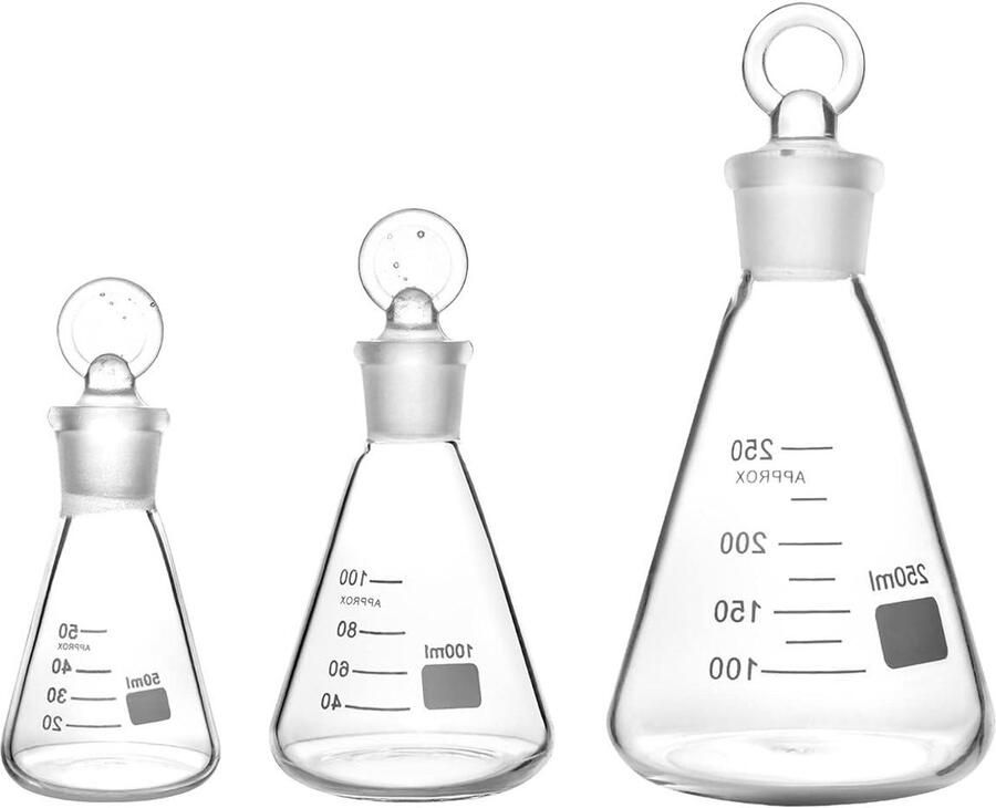 Glass Erlenmeyer Flask Set (50 100 and 250ml) 3 Pack Graduated Borosilicate Glass Erlenmeyer Conical Flask with Glass Stopper for Lab Experiment Chemistry