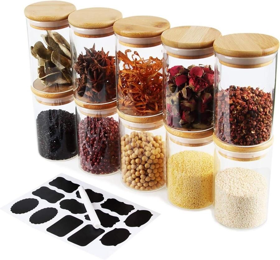 Glass Storage Jars with Lid Set of 10 250 ml Bamboo Lid Silicone Washer Spices Beans Candy