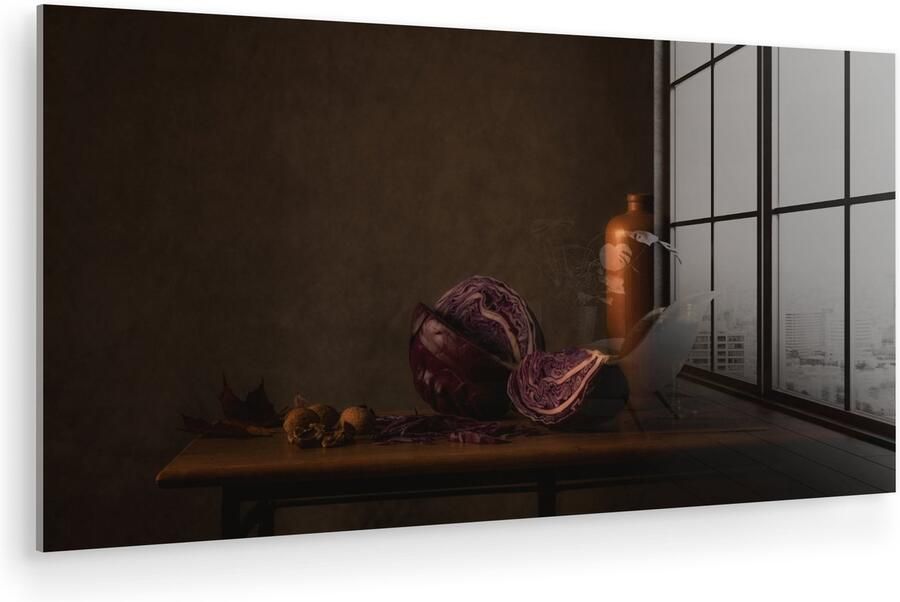 Glasschilderij 120x60 cm Schilderij acrylglas Stilleven Rode Kool Tafel Schilderij Vaas Donker Kunst Foto op glas Muurdecoratie woonkamer Wanddecoratie slaapkamer Schilderijen - Foto 3