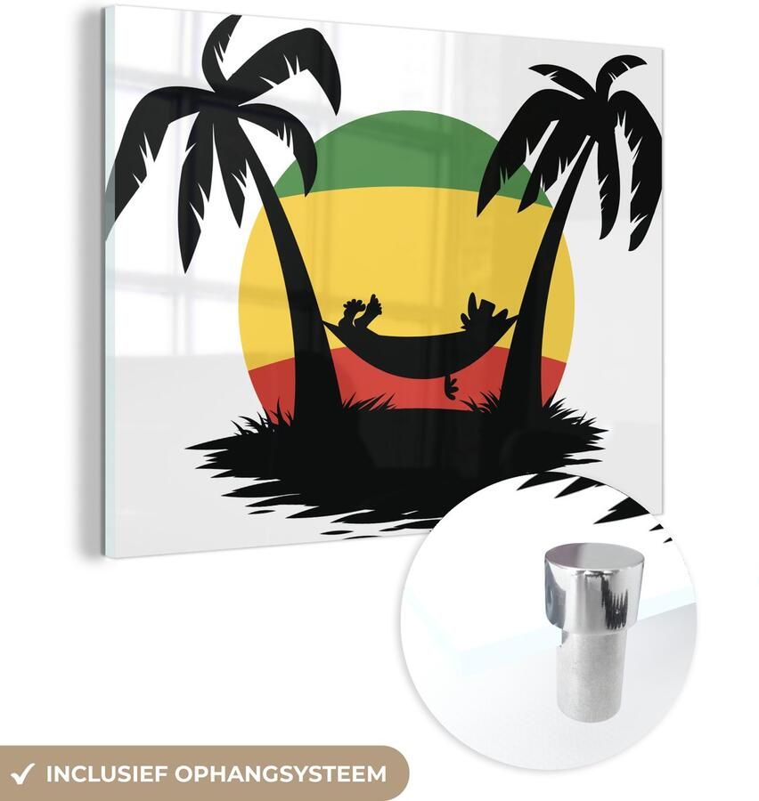 Glasschilderij 40x30 cm Schilderij acrylglas Een illustratie van het ontspannen in een hangmat met reggae kleuren Foto op glas Muurdecoratie woonkamer Wanddecoratie slaapkamer Schilderijen - Foto 2