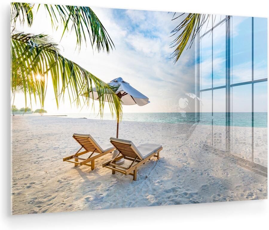 Glasschilderij 150x100 cm Schilderij acrylglas Strandstoel Parasol Zonsondergang Foto op glas Muurdecoratie woonkamer Wanddecoratie slaapkamer Schilderijen - Foto 2