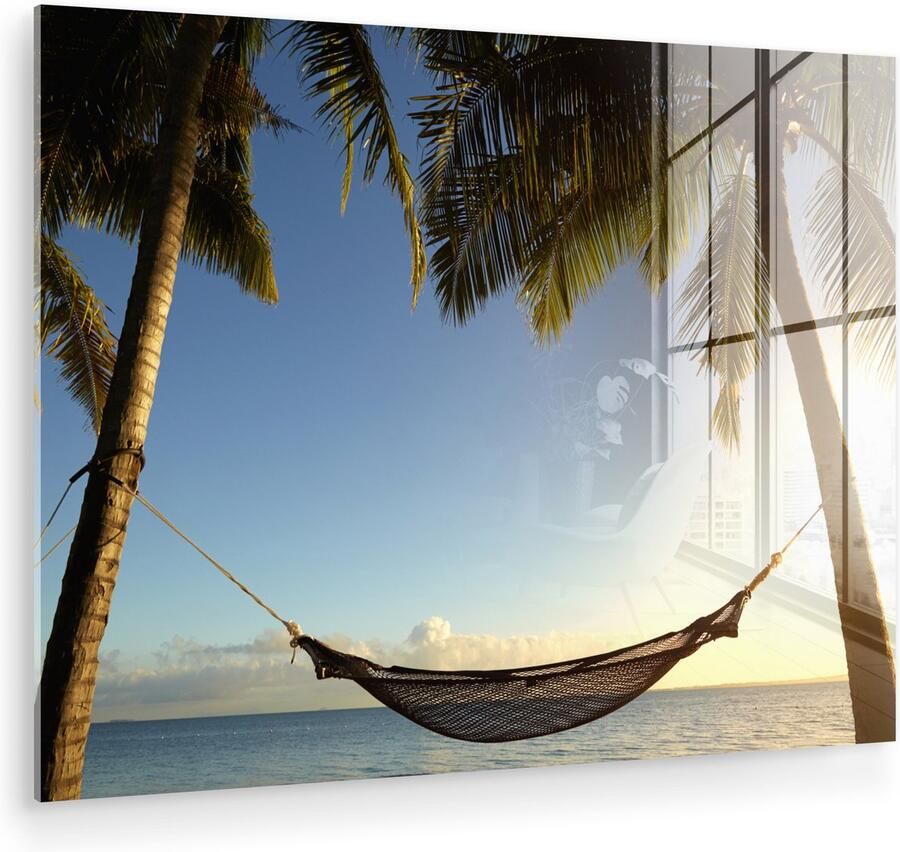 Glasschilderij 160x120 cm Schilderij acrylglas Hangmat Tropisch Palmboom Foto op glas Muurdecoratie woonkamer Wanddecoratie slaapkamer Schilderijen - Foto 2