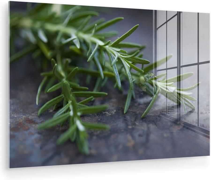 Glasschilderij 120x80 cm Schilderij acrylglas Groene rozemarijn op een donkere tafel Foto op glas Muurdecoratie woonkamer Wanddecoratie slaapkamer Schilderijen - Foto 2