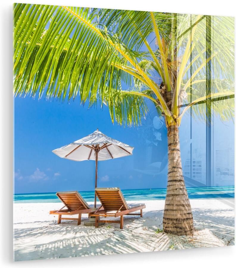 Glasschilderij 20x20 cm Schilderij acrylglas Palmboom Strandstoel Parasol Foto op glas Muurdecoratie woonkamer Wanddecoratie slaapkamer Schilderijen - Foto 3