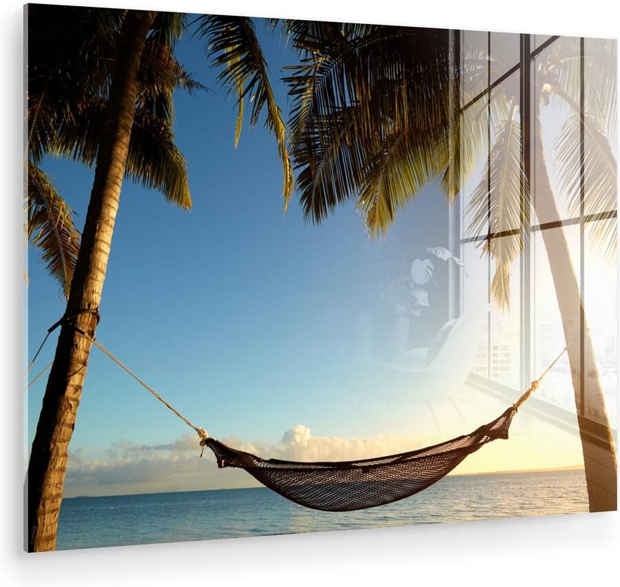 Glasschilderij 80x60 cm Schilderij acrylglas Palmbomen Hangmat Lucht Foto op glas Muurdecoratie woonkamer Wanddecoratie slaapkamer Schilderijen - Foto 2