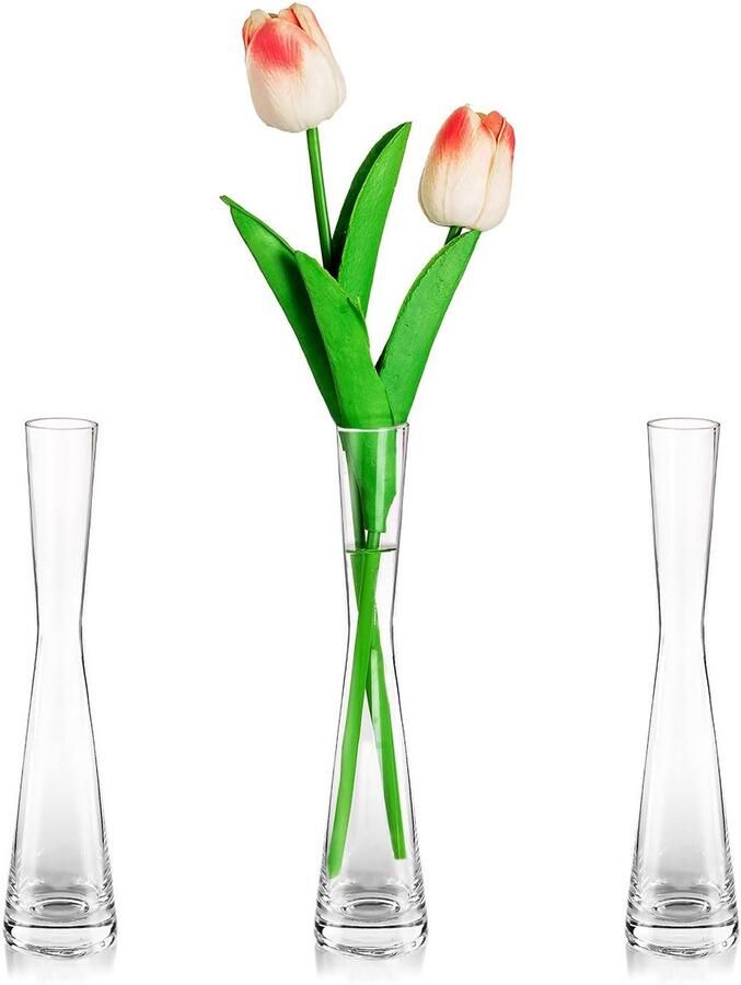 Glasseam bloemenvaas moderne glazen vazen ​​smal: set van 3 20 cm hoog Blomus vaas glazen set handgemaakte smalle vazen ​​tafeldecoratie woonkamer eettafel tulpenvaas decoratieve vaas voor pampasgras tulpen roos bruiloft decoratie