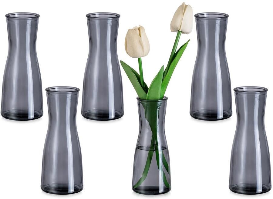 Glasseam glazen kleine vazen ​​voor tafeldecoratie: grijze slanke glazen vaas 6 stuks Vaas kleine decoratie Minimalistische bloemenvaas Moderne decoratieve vaas voor woonkamer Bruiloft Feest Eettafel Middelpunt