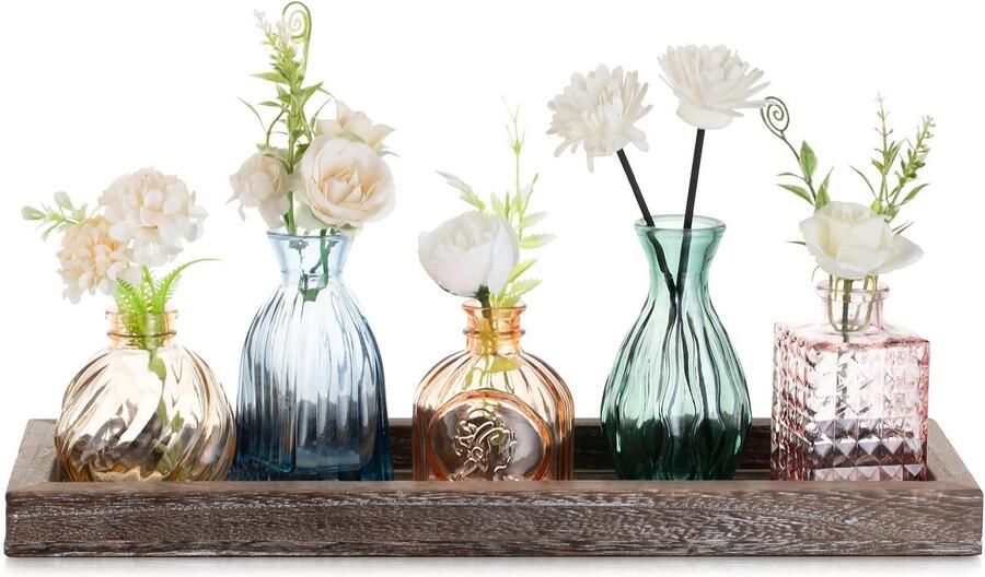 Glasseam Kleine Glazen Vazen voor Thuis: 5 Mini Vazen Kleurrijk met Houten Schaal voor Woonkamer Kantoor Eettafel Tafeldecoratie Stijlvolle Glazen Vazen Set Bloemenvaas Klein voor Housewarming Cadeau Huis Verjaardag