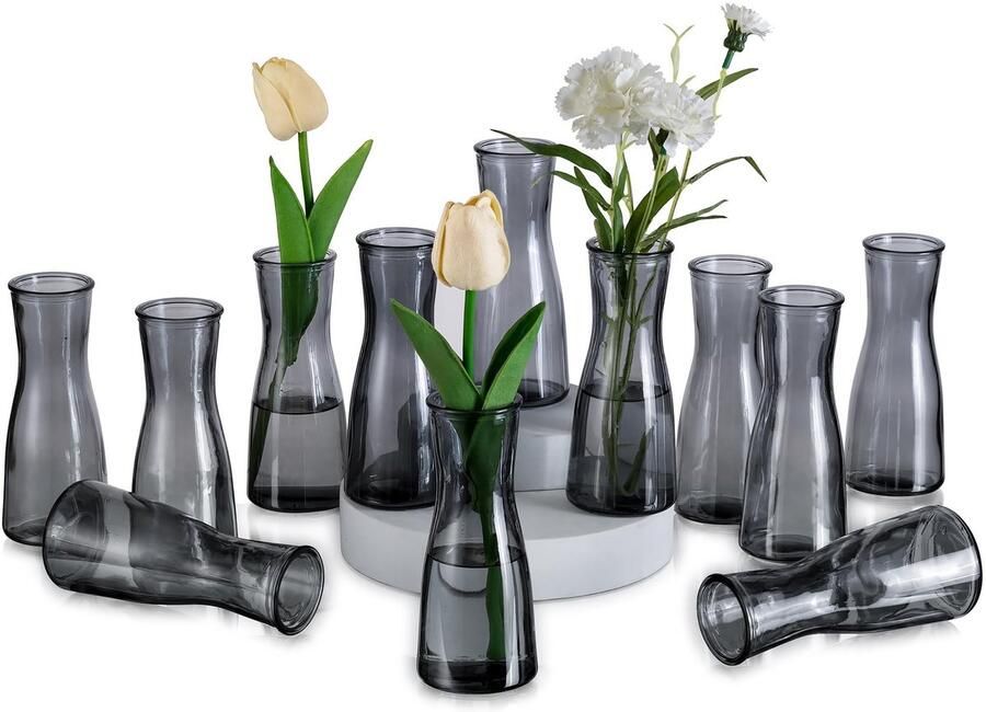 Glasseam Kleine Vazen Glas voor Tafeldecoratie: Smalle Vaas Grijs 12-delige Glazen Vazenset Minimalistische Bloemenvaas Kleine Tafelvazen ​​Decoratie voor Bruiloft Feest Eettafel Middelpunt