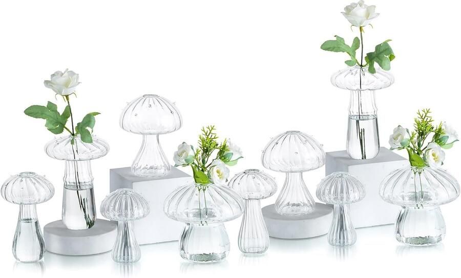 Glasseam Paddenstoelvaas Voor Bloemen Kleine Glazen Vaas Set Van 10 Bloemvazen Voor Woonkamer Leuke Bud Vaas Plant Propagatie Station Voor Office Tafels Terrarium Pot Clear Vaas Voor Home Decor