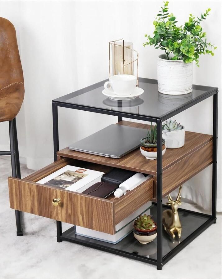 Glazen bijzettafel met lade stabiele banktafel industrieel design vintage bruin-zwart 43 x 43 x 54 cm nachtkastje zwart 60 cm hoog