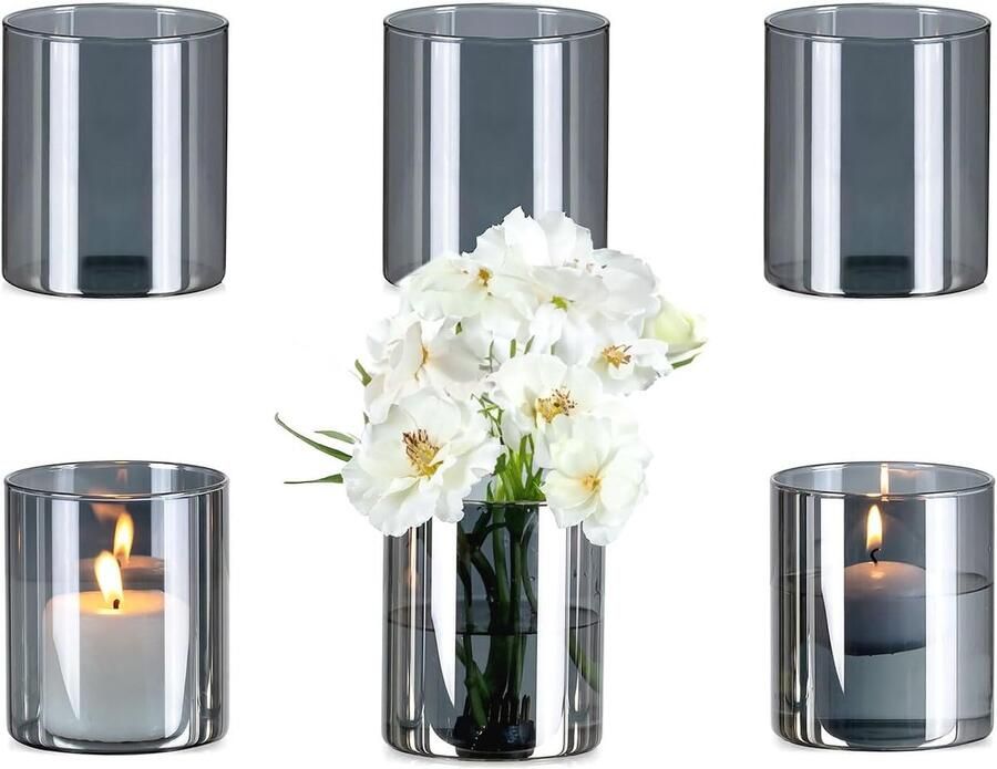 Glazen Bloemenvaas voor Thuis Grijze Cilindervazen Set van 3 voor Woonkamer Bruiloft Keuken Eettafel Plank Decoratie Stijlvolle Knopvaasjes voor Bloemen Rozen Gras