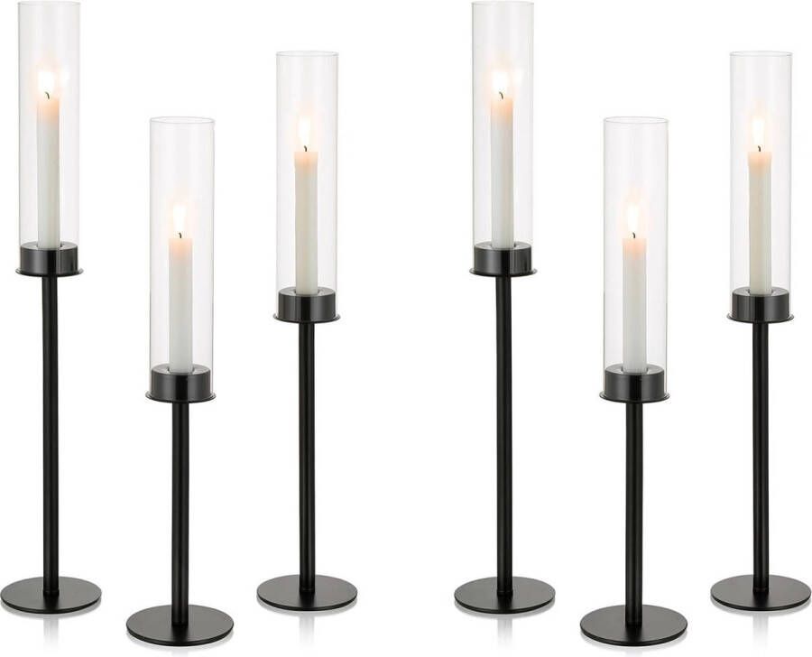Glazen cilinder voor kaarsen kaarsenhouder zwart: 60 & 55 & 50 cm helder glas metaal kaarsenstandaard staafkaarsenhouder groot bodemloze cilinder schaduw bruiloft tafel