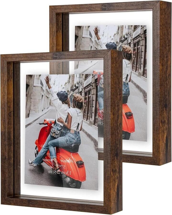 Glazen fotolijsten set van 2 13 x 18 cm drijvende dubbel glas fotolijsten tafel- en wandmontage bruin