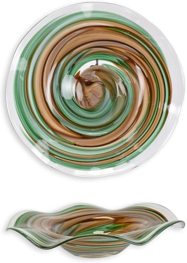 Glazen Fruitschaal Handgemaakt Decoratief – Luxe Golvende Randen in Groen en Bruin – Unieke Kunstzinnige Schaal van Glas voor Woonkamer Eettafel en Keuken – Design Fruitschaal Groot Formaat