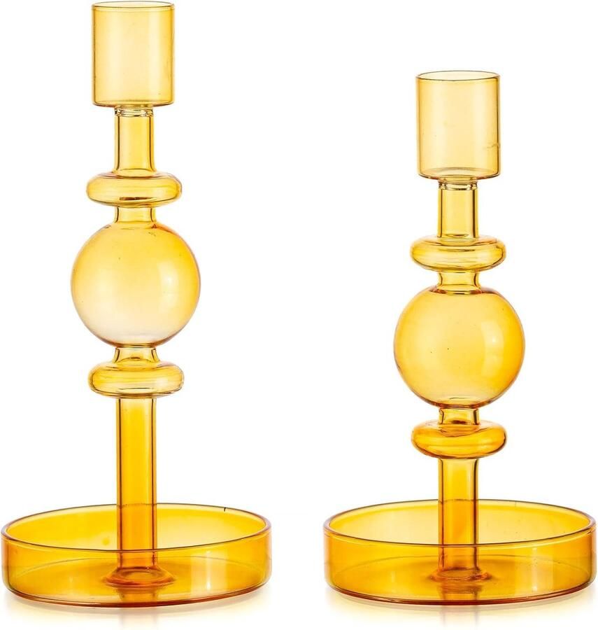 Glazen kaarsenhouder voor kaarsenhouder Set van 2 grote amberkleurige taps toelopende stokken voor woonkamer eettafel moderne inrichting Kerstmis huis slaapkamer bruiloftsfeest