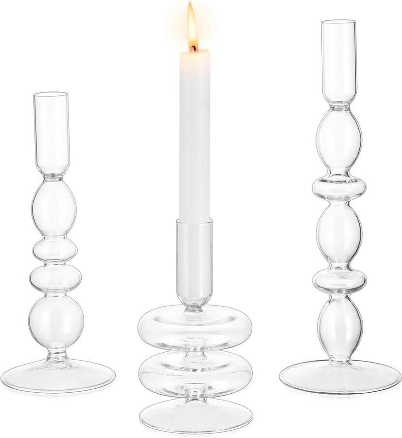 Glazen Kandelaars Houder Heldere Kaarsenhouders Set Van 3 Chique Kandelaars Decoratieve Taper Kaarsenhouder Voor Centrepiece Kerstmis Kaarsenhouder Voor Eettafel Home Decor Cadeau Ideeën