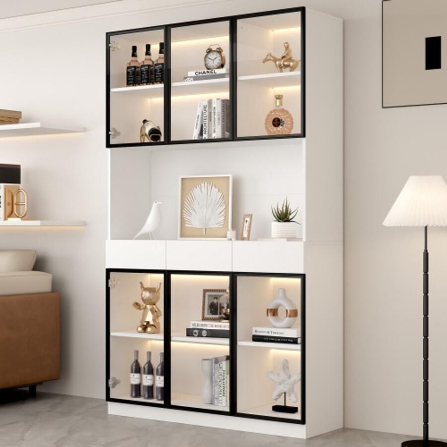 Glazen kastdeur 200cm hoog witte vitrine met LED -verlichting multi -opslag boekenplank voor collectie slaapkamer woonkamer kantoor wit zwart deur frame