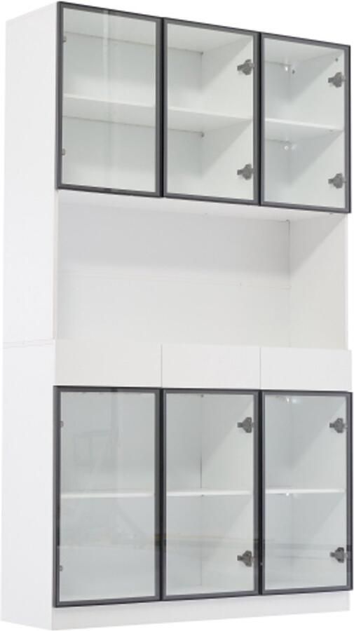 GOTAGEE Glazen kastdeur 200cm hoog witte vitrinekast met ledverlichting boekenkast met meerdere opbergruimtes voor collectie slaapkamer woonkamer kantoor wit zwart deurkozijn