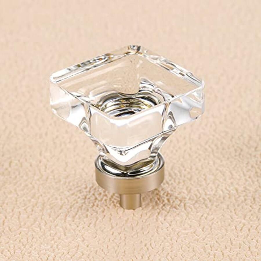 Glazen Kastknoppen Set van 8 Kristallen Meubelknoppen voor Dressoirlades Vierkante Trekjes in Geborsteld Nikkel