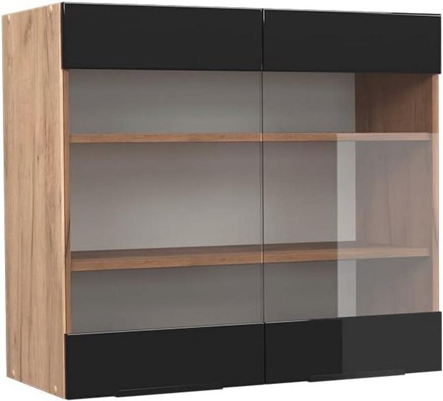 Glazen Keukenkast met Softclose Hoogglans Zwart Eiken en Goud Eiken 80 cm